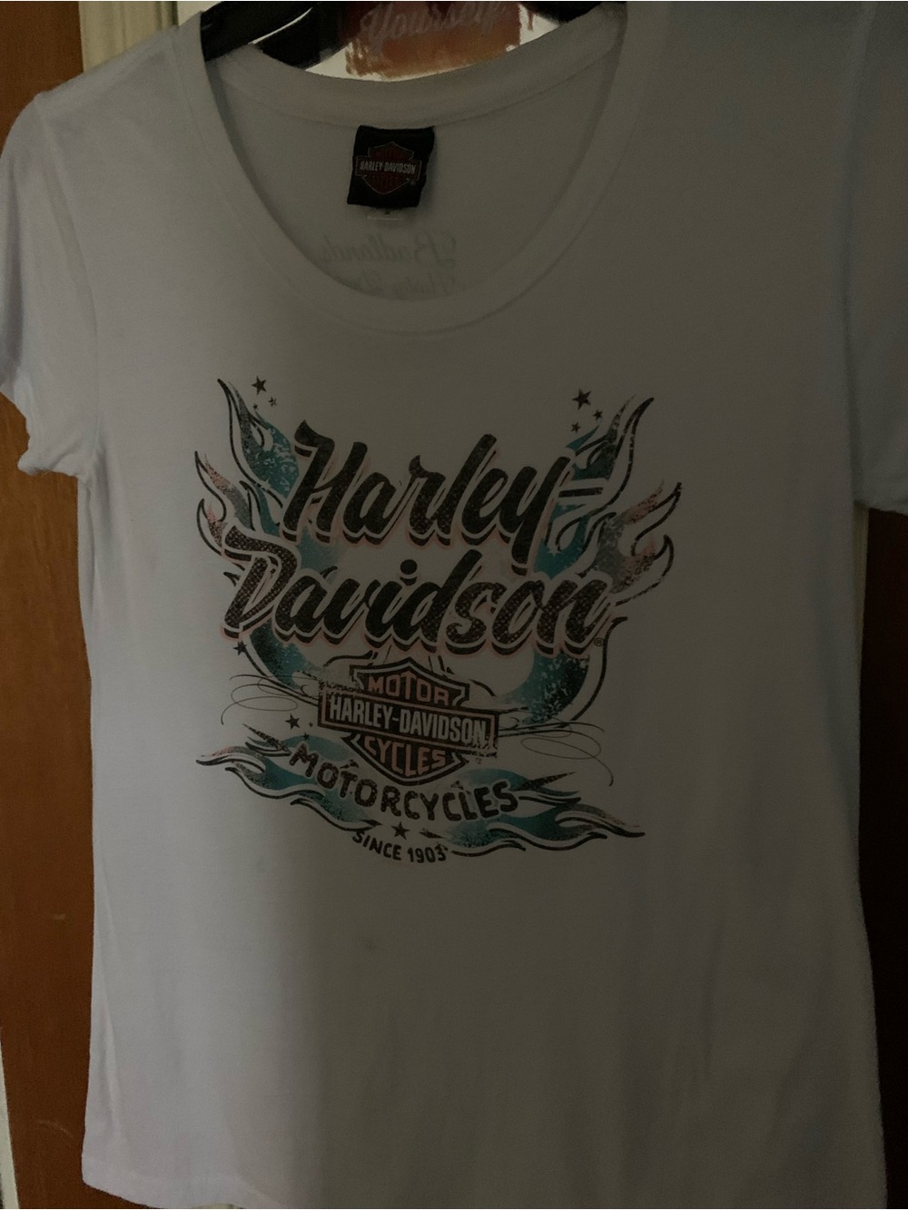 Harley-Davidson White Tee with Teal Accent Graphic